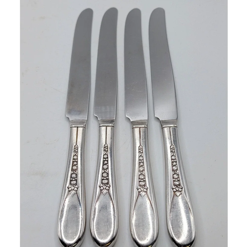 Vtg Wm Rogers Dinner Knives Silver Plate Priscilla Lady Ann Floral Set 4 9.25in